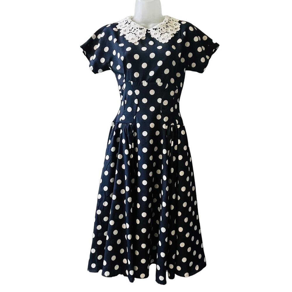 Unique Vintage Retro 40s 50s Style Polka Dot Swing Dress with Lace Collar Sz. XS